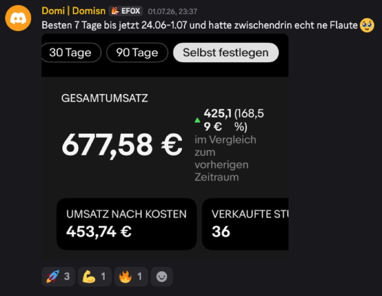 Discord-Post von Domi: 36 Verkäufe in seiner besten Woche