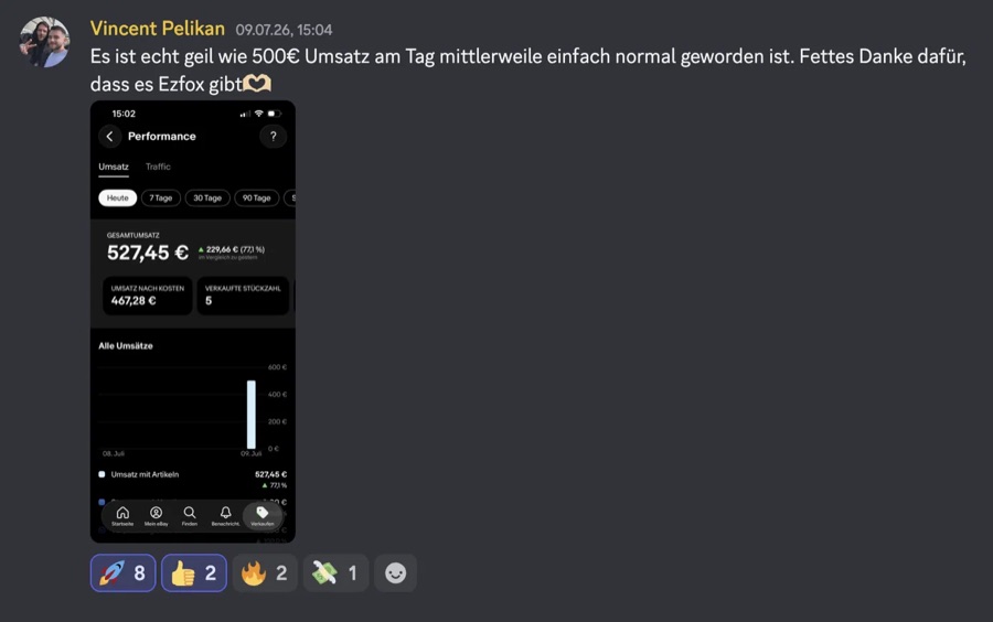 Discord-Screenshot: 527 € Umsatz an einem einzigen Tag mit ezfox
